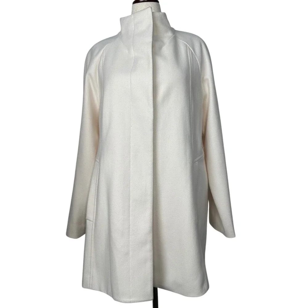 Anne Klein Wool‎ Blend Coat Funnel Neck Button Front Ivory Size 12